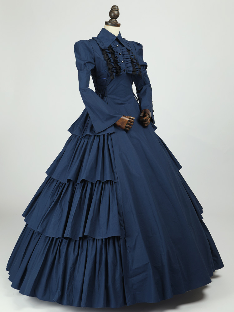 Navy Blue Victorian Dickens Fair Gothic Girl Dress Cotton Maid Tiered Ruffles Punk Theater Costume (Size: M) Navy Blue Victorian Dickens Fair Gothic Girl Dress Cotton Maid Tiered Ruffles Punk Theater Costume (Size: M)