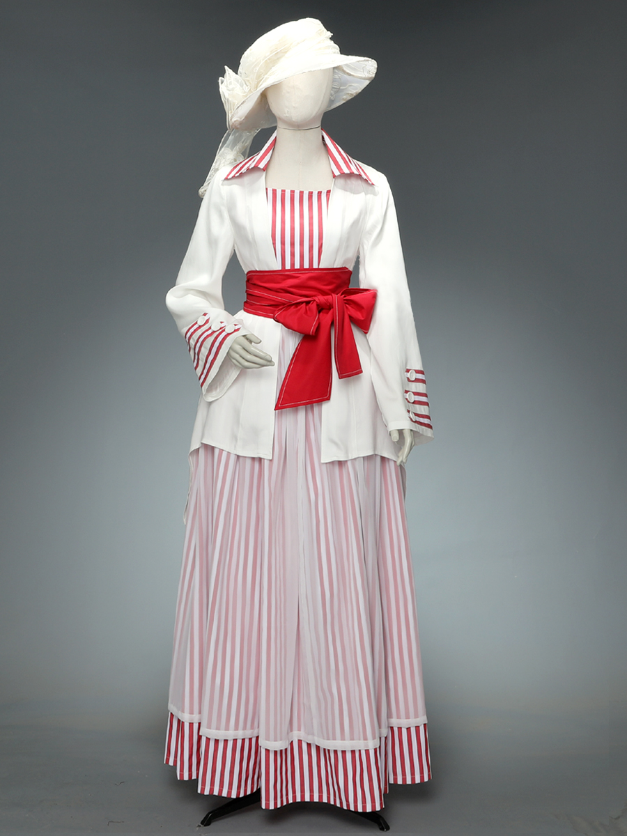 1910s red dress Victorian Edwardian Christmas Red and White Holiday Festive 3PC Dress 1910s Afternoon Suit Titanic Boarding Period Drama Clothing (Size: XL)