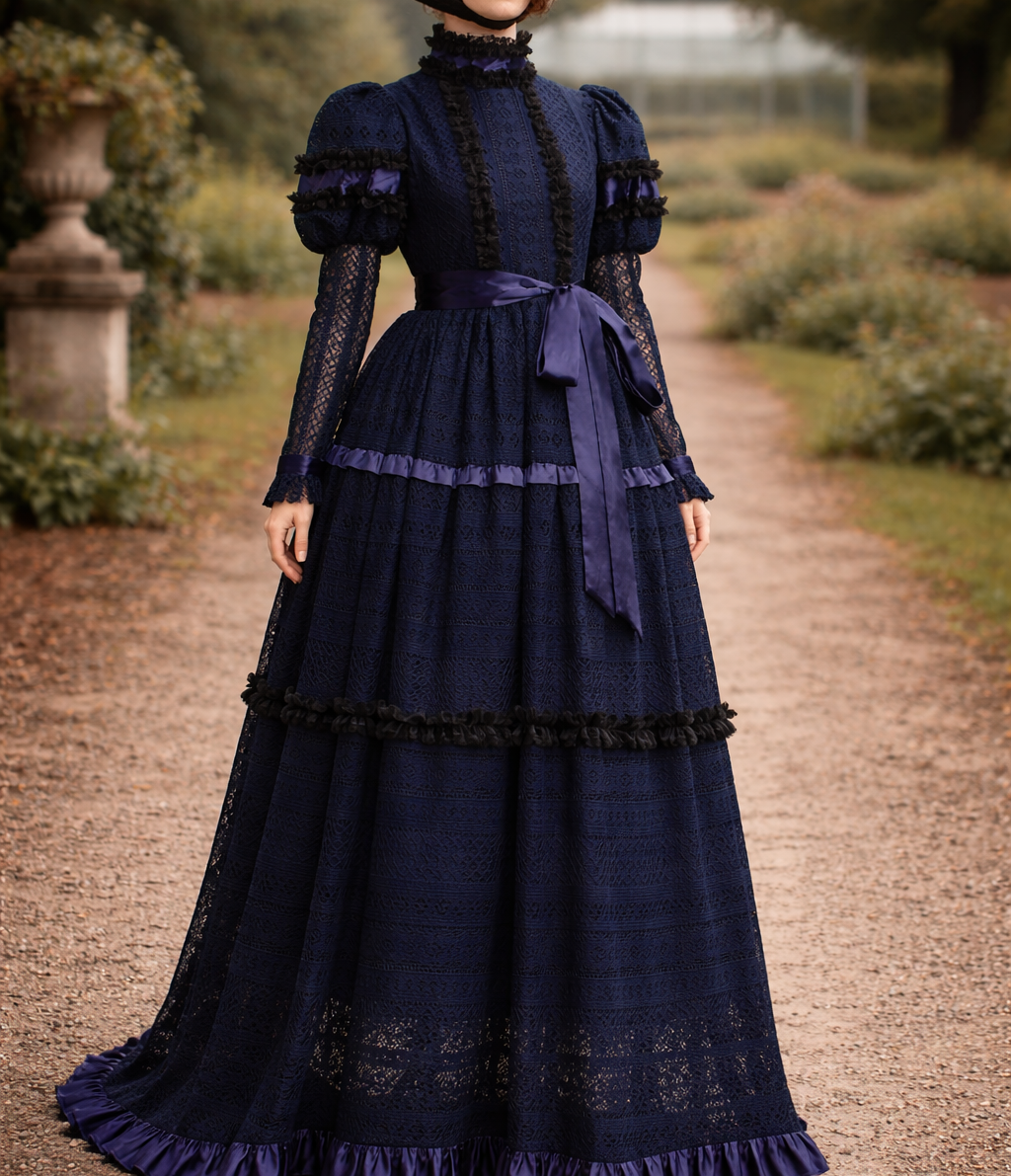 Navy Blue Victorian Edwardian Downton Abbey Lace Overlay Ball Gown Gothic Girl Costume (Size: XL)