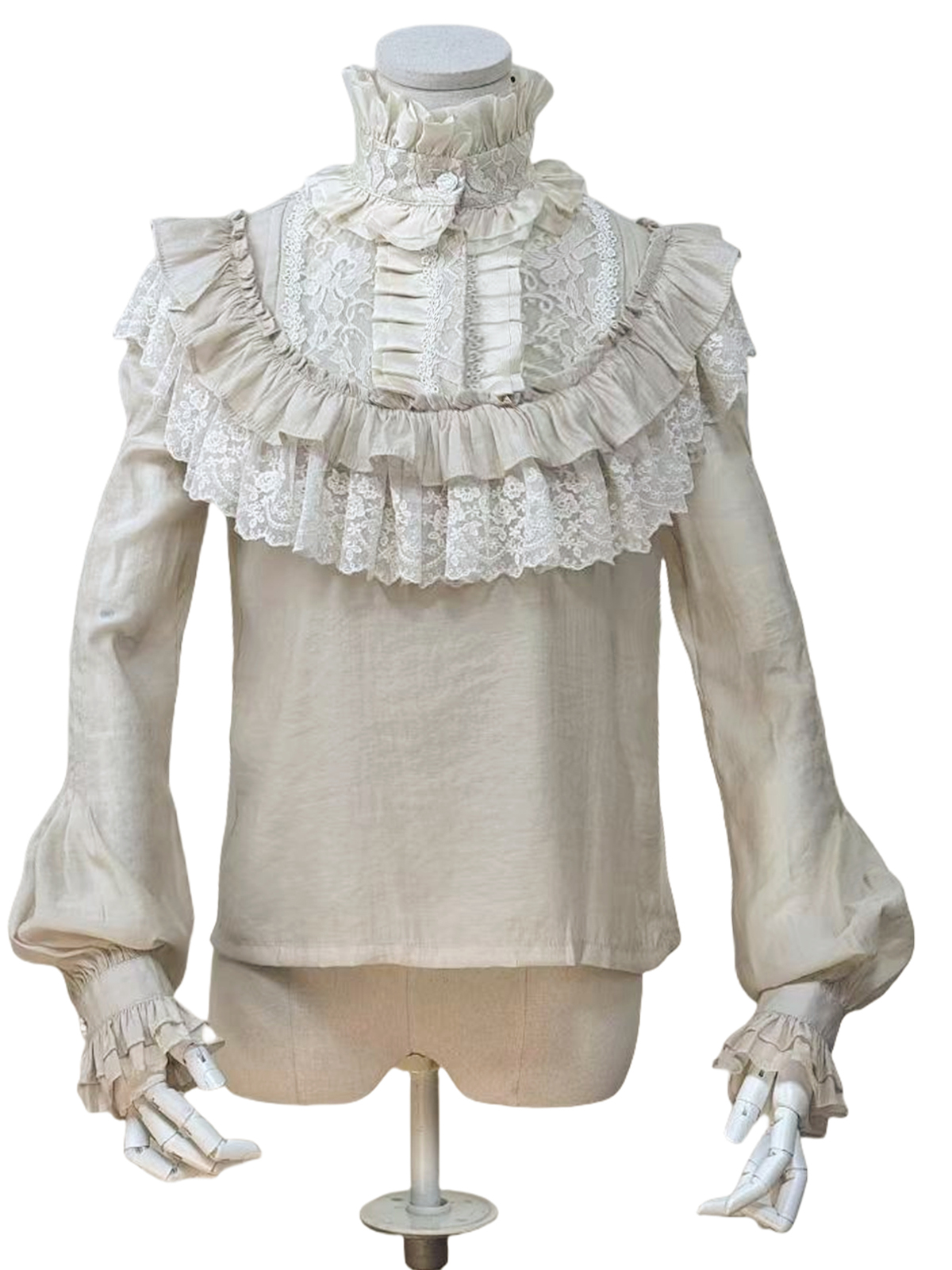 Romantic Victorian Edwardian Vintage Ruffled High Collar Beige