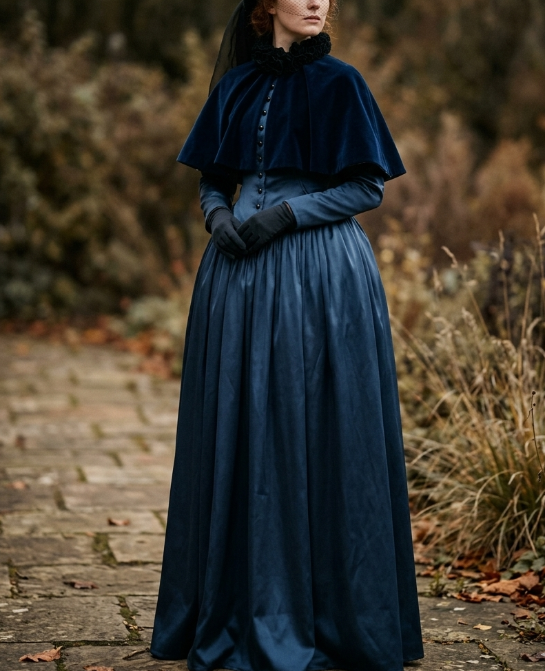 Navy Blue Victorian Dickens Christmas Caroling Dress Frock Velvet